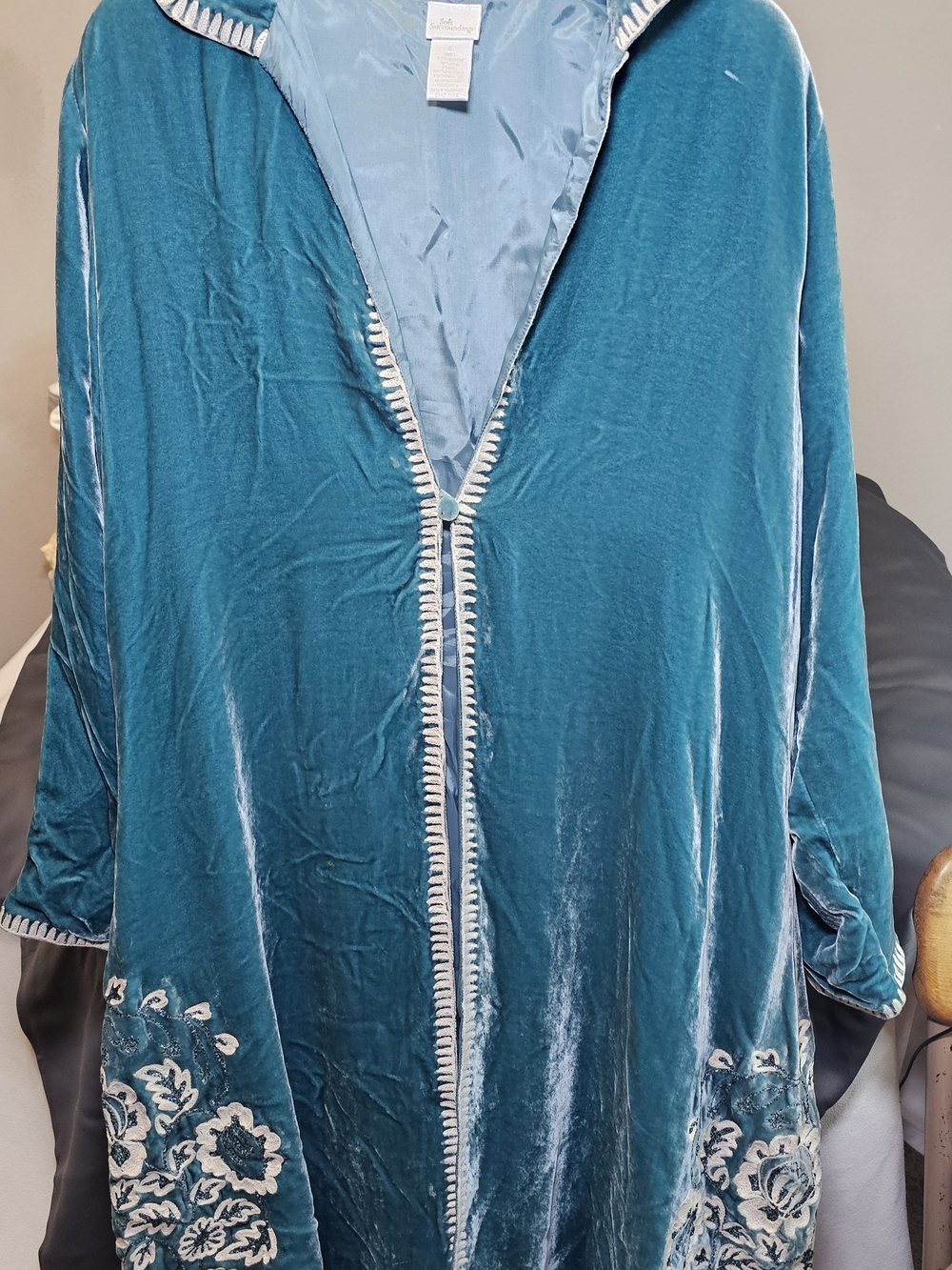 Soft Surroundings Teal Velvet Embroidered Hooded Jacket